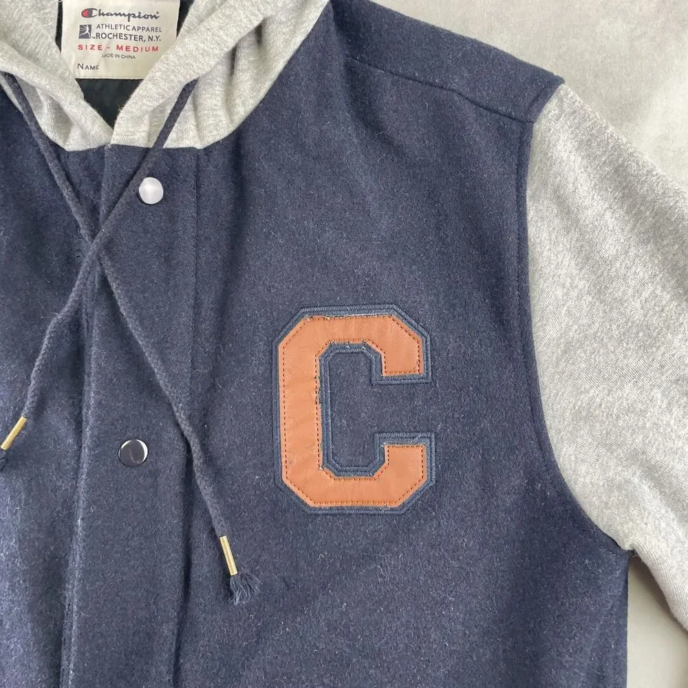 Champion Jacket Men M Navy Gray Hooded Varsity Letterman College Wool Blend Snap